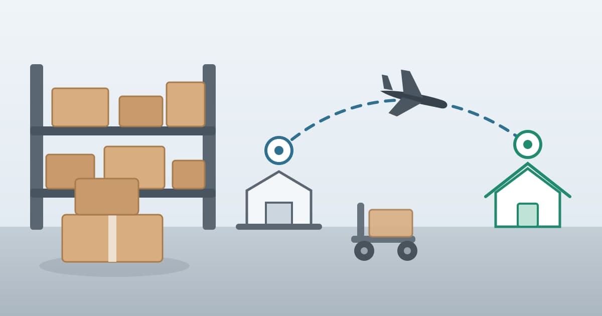 Ilustración de una bodega con cajas en estanterías y la ruta de un envío aéreo desde el almacén hasta una casa