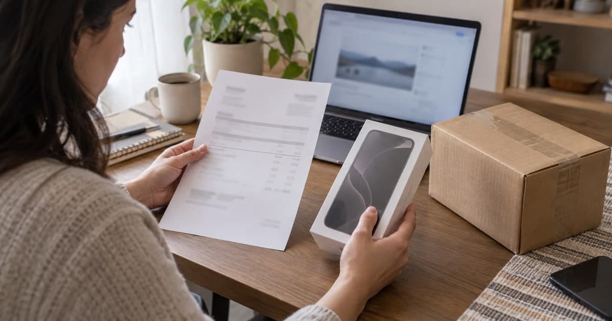 Una persona compara un comprobante, una caja de teléfono y un paquete en un escritorio