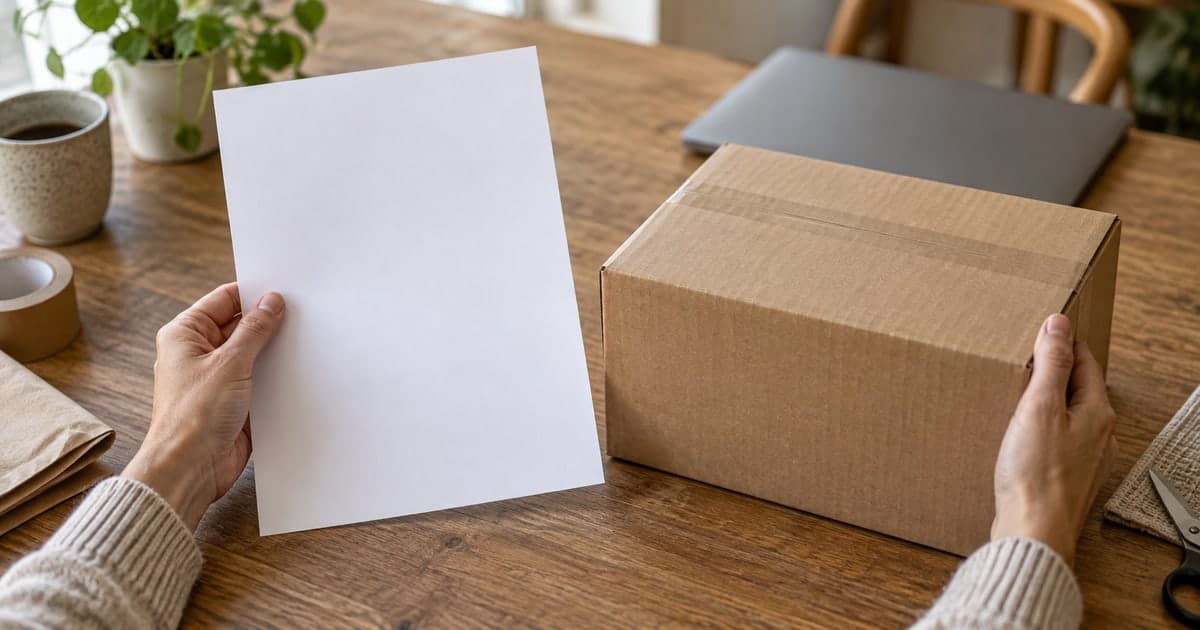 Una persona compara una hoja en blanco con una caja de cartón antes de preparar un envío