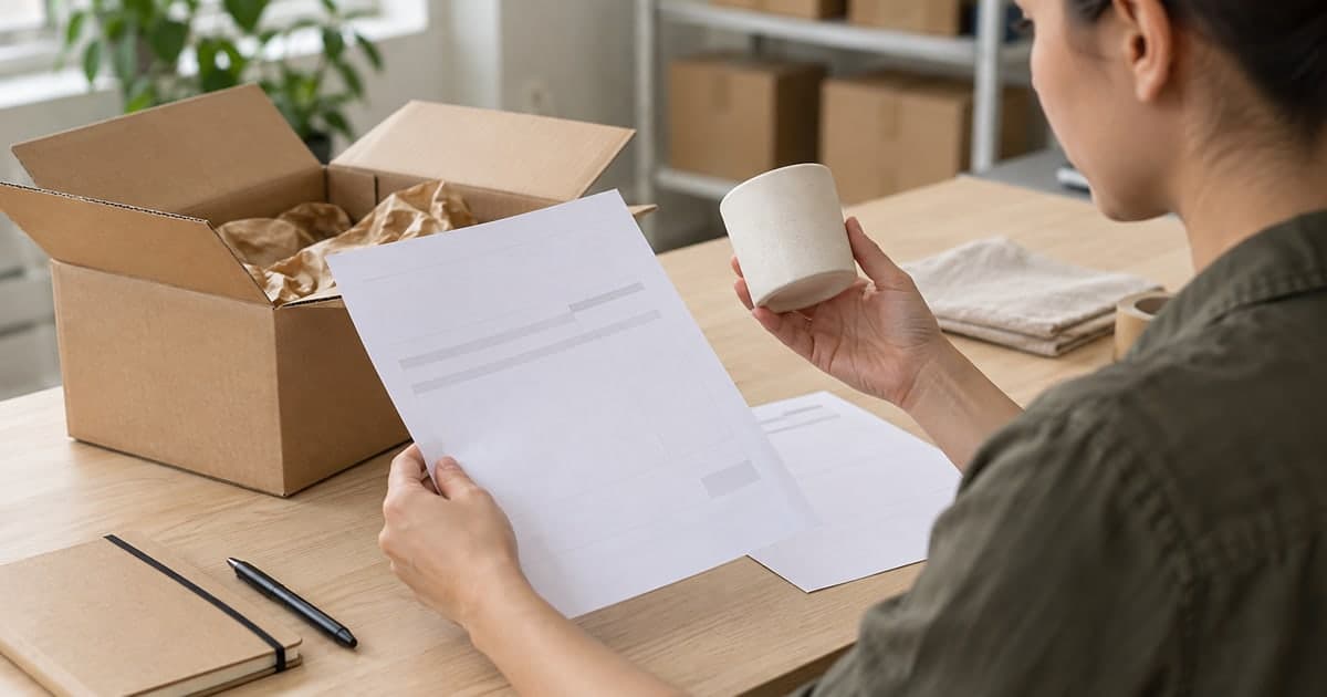 Una persona compara una muestra de producto con documentos en una mesa junto a una caja abierta