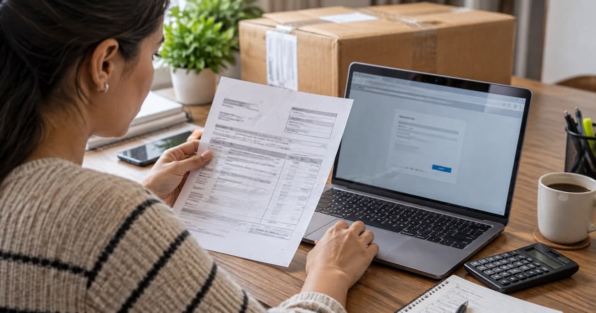 Una persona revisa un documento junto a una caja y una laptop en un escritorio
