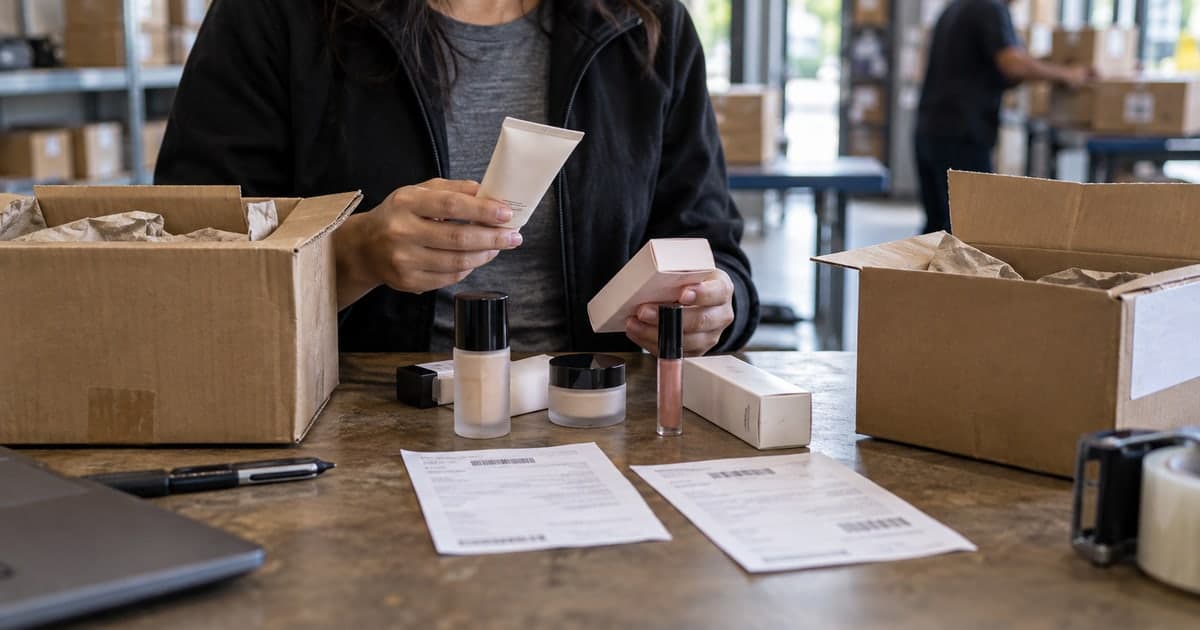 Una persona revisa productos de belleza sin marca junto a cajas y comprobantes de envío